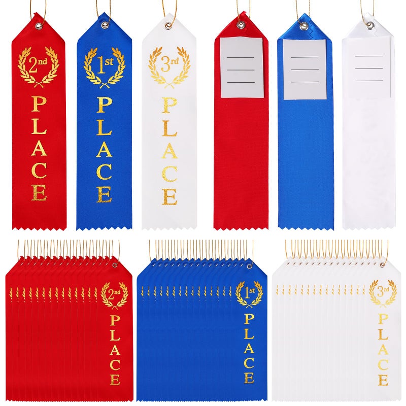 Berenlu 48PCS Award Ribbons  Medal Ribbons for 1st  2nd  3rd Place  Event Card & Rope Included  Perfect for Competitions  Sports Events  School Challenges  Vibrant Blue  Red  and White - Image 1